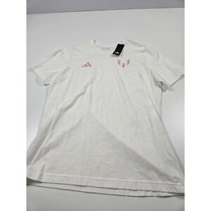 Adidas Messi 10 Shirt Mens Large White Pink Graphic Soccer Tee JF4289 Football
